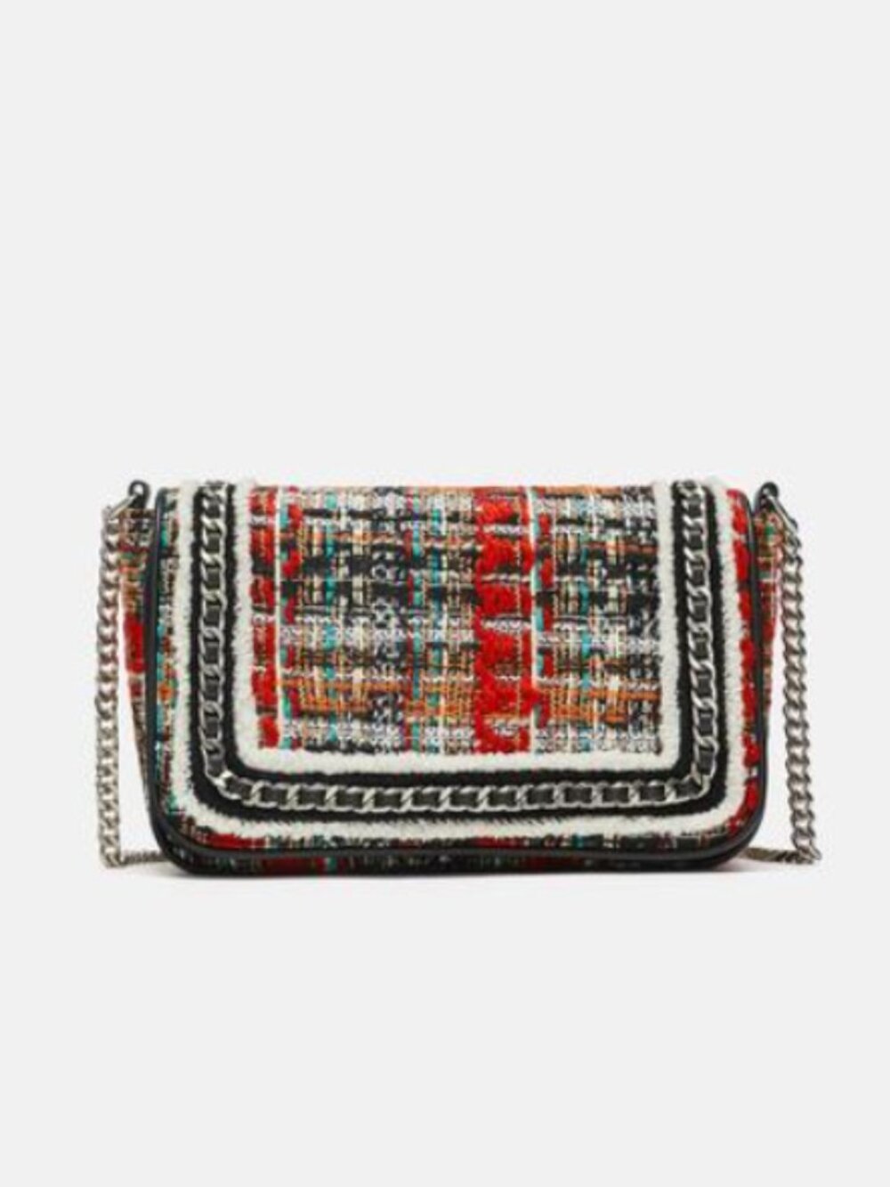 ZARA Tweed Chain-Trim Crossbody Bag Black White Gold Hardware